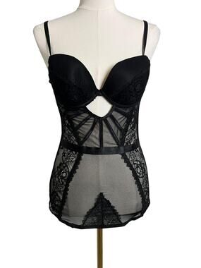 BodyRage Lace Bustier Womens Medium Black Sheer Mesh Overbust Lingerie Sexy